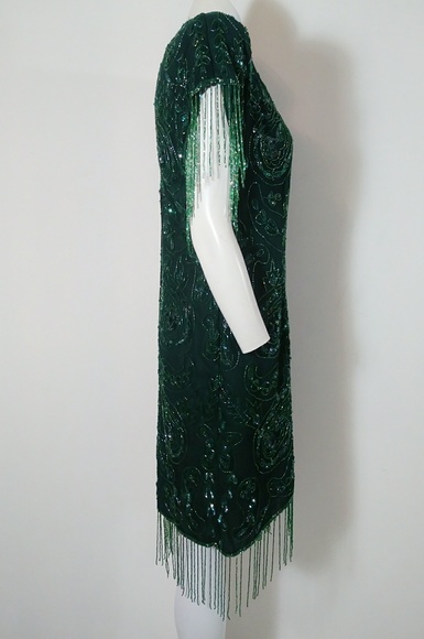 ❄️ Vintage bead flapper fringe silk emerald dress - Picture 5 of 8